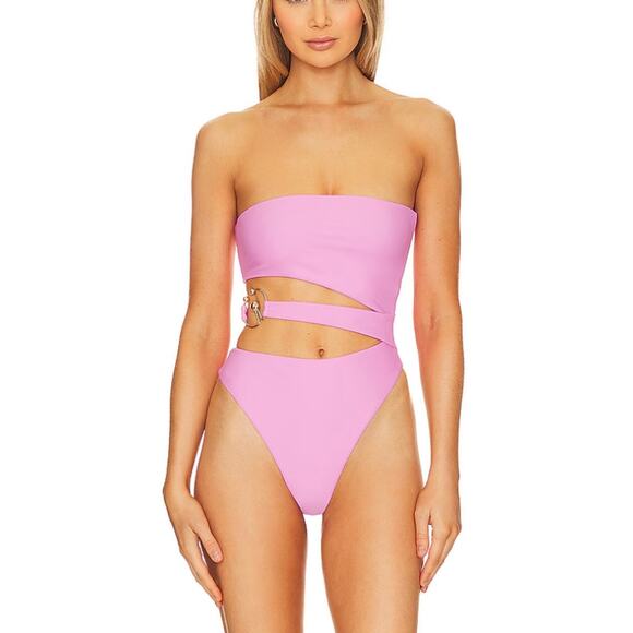Lovewave Pink Strapless One Piece Swimsuit SMALL Cutout Monokini Cheeky $128 NEW - Picture 1 of 9